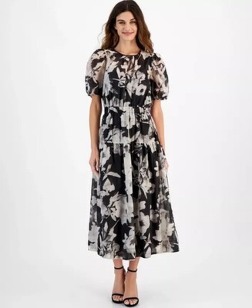 Anne Klein Puff-Sleeve Tiered Dress Womens XL Black/White Round Neck Back Button